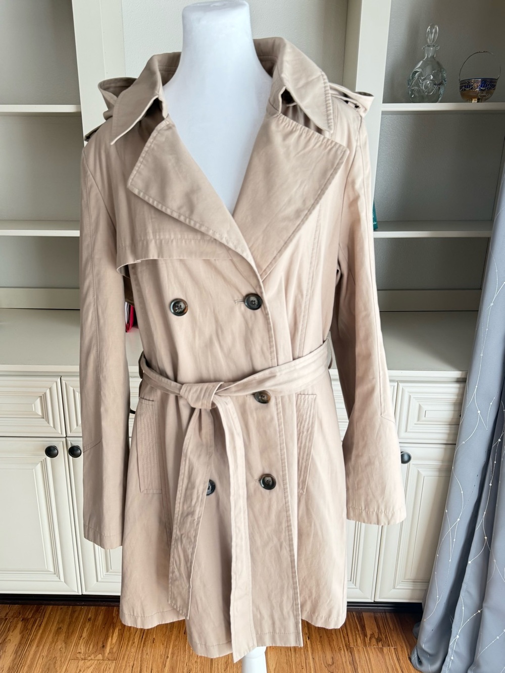 Halogen Double Breasted Button Trench Coat Removable Hood Tie Waist Sand Sz XL